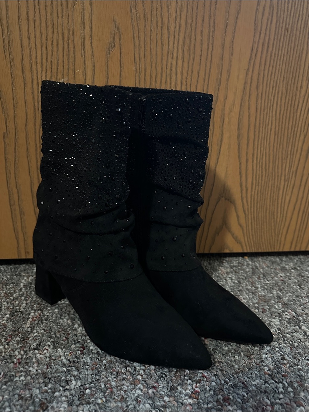 Ashro Black Mid-Calf Pointed Toe Heeled Boots with Stud Detail